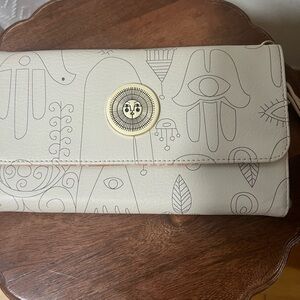 Cream Patterned Clutch Wallet with Gold Sun Emblem
